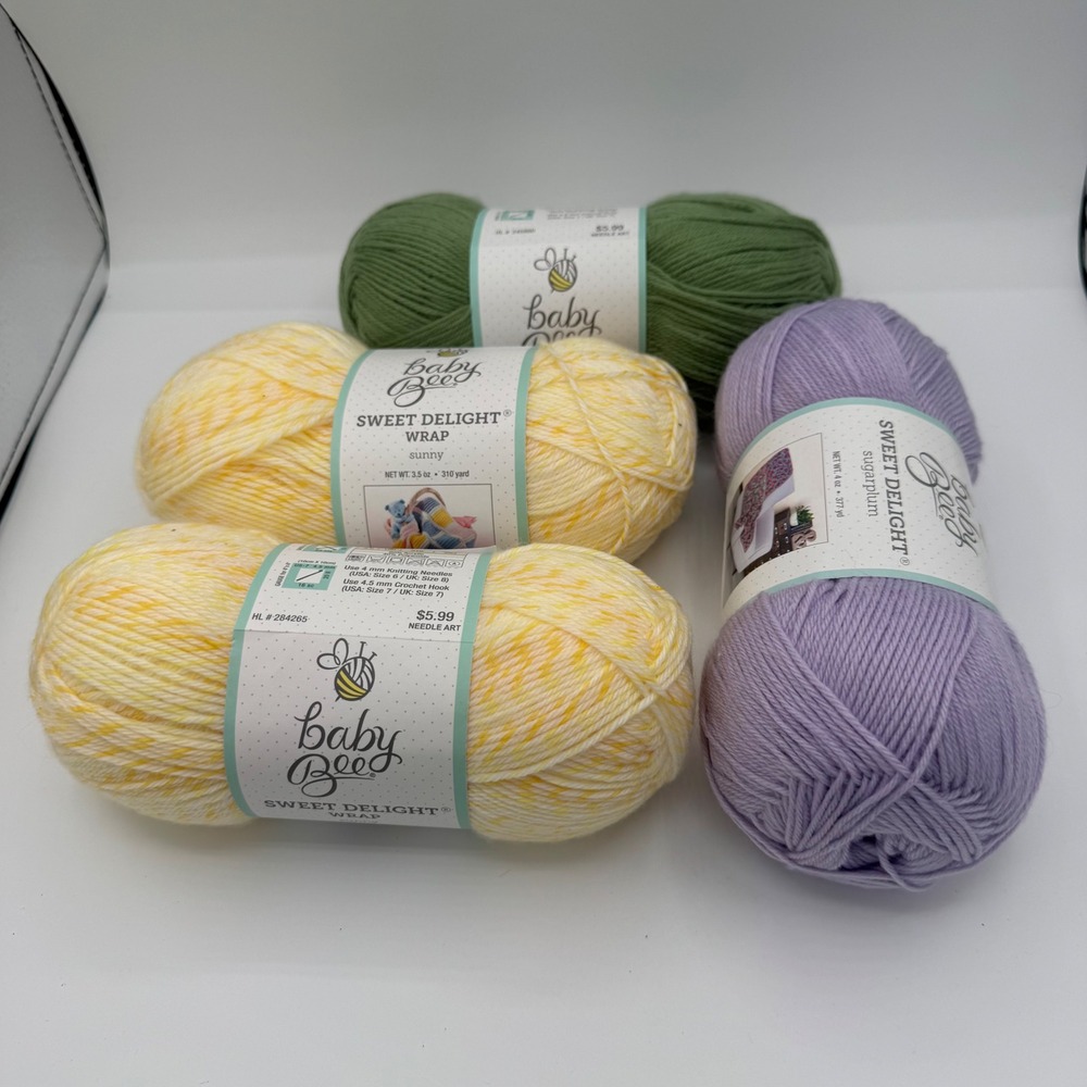 Baby Bee Sweet Delight Yarn Bundle 4 Skeins Sunny Sugarplum Green Light 3 Weight